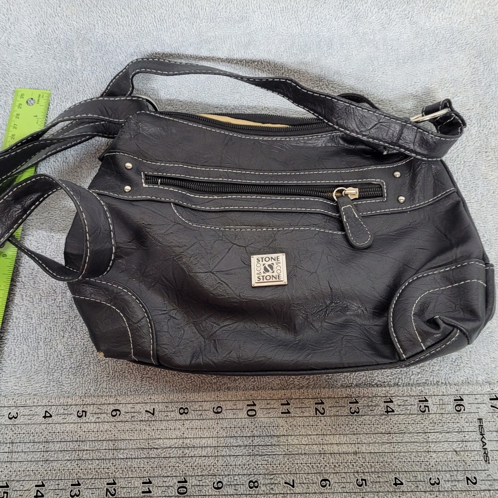 Stone & Co Black Faux Leather Crossbody Bag‎ Contrast Stitching Multi-Pocket